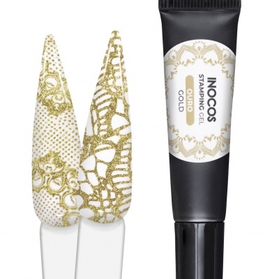 Tubo preto de gel dourado INOCOS e amostras de unhas com padrão dourado