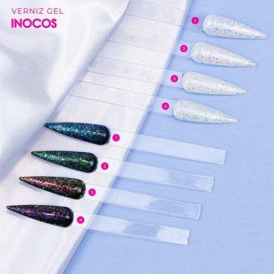 Amostras de verniz gel INOCOS em cores claras e escuras com brilho