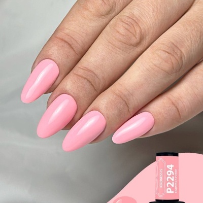 Unhas com verniz gel rosa claro e frasco de verniz gel Purple Professionals P2294