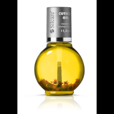 Frasco redondo de óleo amarelo para cutículas com flores secas e tampa prateada