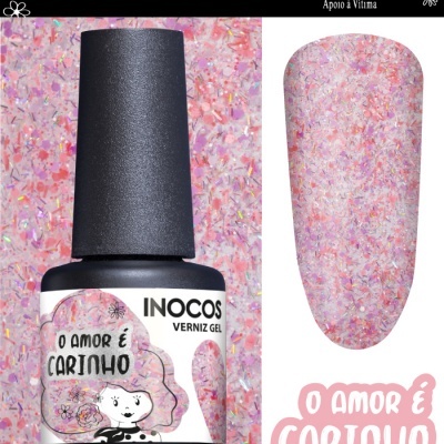 Verniz gel INOCOS cor rosa com partículas coloridas e embalagem decorada