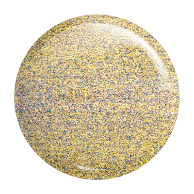 Frasco circular de verniz para unhas com partículas brilhantes amarelas, azuis e verdes.