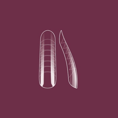 Duas unhas postiças transparentes com padrões geométricos brancos sobre fundo roxo