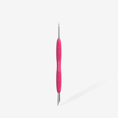 Ferramenta de cuidado facial cor-de-rosa com pontas metálicas e texto STALKS 2020