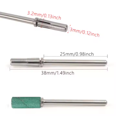 Três ferramentas cilíndricas metálicas com dimensões indicadas, uma com revestimento verde.
