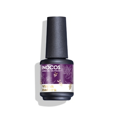 Frasco de verniz gel INOCOS roxo com rótulo floral e tampa preta