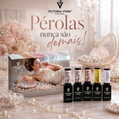 Conjunto de vernizes Victoria Vynn com número e nome, decorado com pérolas e imagem de mulher com pérolas