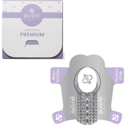 Molde para unhas e caixa da Purple Professional, branco e lilás, com texto e padrão quadriculado