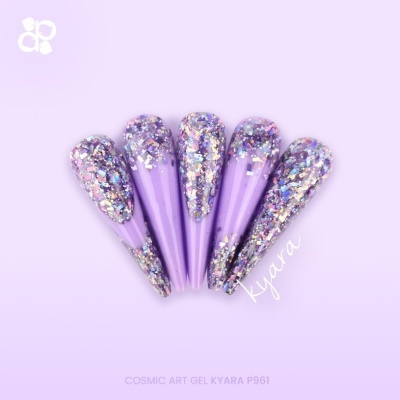 Unhas postiças roxas com brilhos holográficos em fundo lilás.