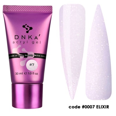Gel acrílico DNKA' em tubo roxo com amostras de cor lilás brilhante.
