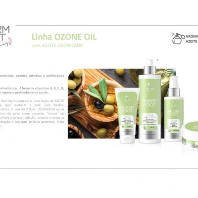 Linha de produtos PHARM FOOT OZONE OIL com embalagem verde e branca e azeite ozonizado visível