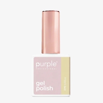 Frasco de verniz gel roxo e bege com tampa rose gold