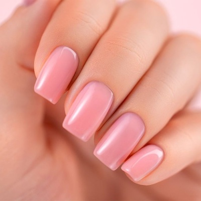 Unhas pintadas de verniz cor-de-rosa brilhante em mão feminina com fundo rosa