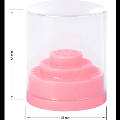 Suporte rosa para escovas de dentes com tampa transparente e medidas mostradas