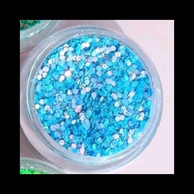 Frasco transparente com glitter azul e prateado redondo brilhante