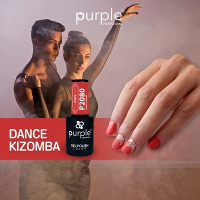 Verniz em gel vermelho Purple Professional P2080 com casal a dançar e mão com unhas decoradas
