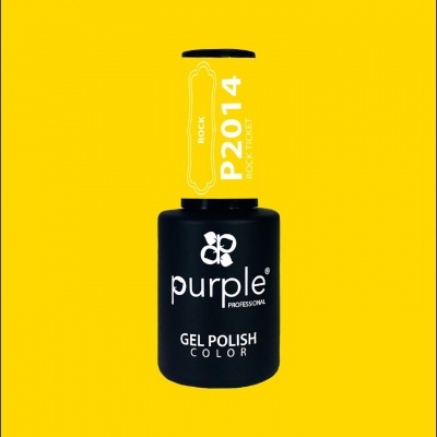Frasco preto de verniz gel Purple Professional com texto branco em fundo amarelo.