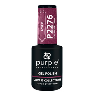 Frasco de verniz gel para unhas preto com tampa roxa e texto branco