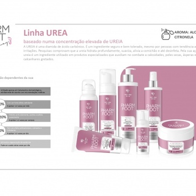 Produtos cosméticos rosa e branco da linha UREA da PHARM FOOT sobre fundo branco e rosa