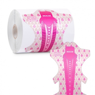 Rolo de moldes para unhas rosa e branco com texto INOCOS e MOLDES extreme