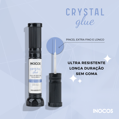 Tubo de cola para unhas Inocos Crystal Glue com pincel extra fino e longo sobre fundo azul claro
