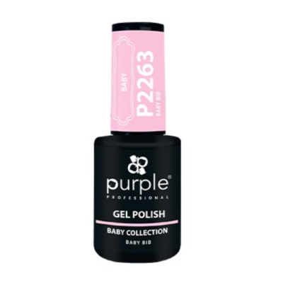 Frasco de verniz gel preto e rosa claro com texto branco