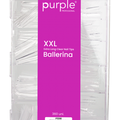 Embalagem transparente com tips para unhas extras longas tipo ballerina e etiqueta roxa da Purple Professional