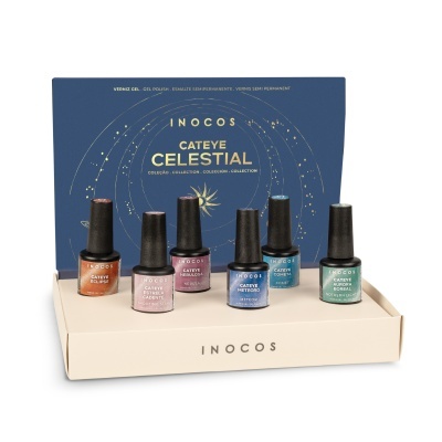 Conjunto de vernizes gel Inocos Cateye Celestial com seis cores vibrantes e embalagem elegante.