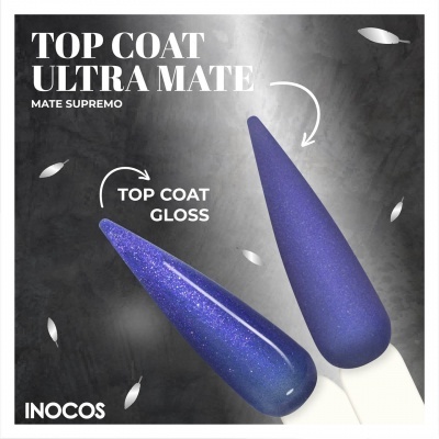 Duas amostras de verniz azul com acabamentos mate e brilhante, texto promocional ao fundo