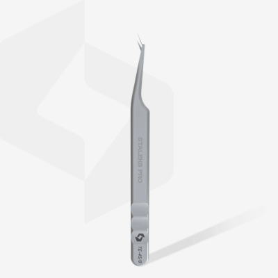 Pinça metálica cinza com ponta curva para precisão