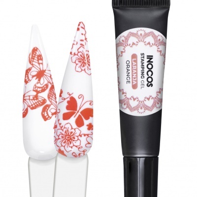 Gel para carimbagem de unhas Inocos laranja e amostras de unhas decoradas