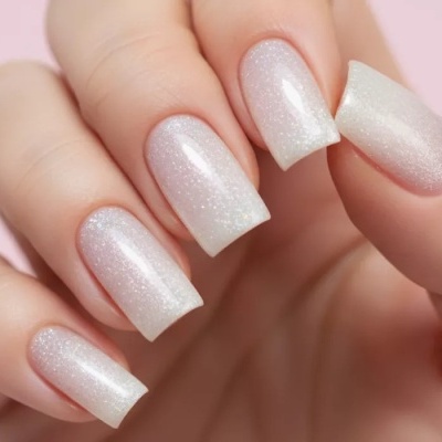 Unhas quadradas com verniz rosa claro e branco com brilho