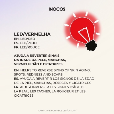 Informação de lâmpada LED vermelha da INOCOS com texto em várias línguas e ilustração de lâmpada vermelha