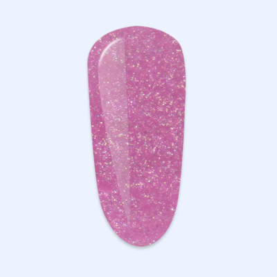 Amostra de unha rosa com brilho dourado sobre fundo azul claro