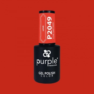 Frasco de verniz gel vermelho da Purple Professional sobre fundo vermelho