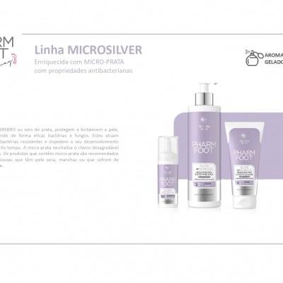 Três produtos lilás da linha Microsilver Pharma Foot com texto e aroma de gelado de toranja sobre fundo branco