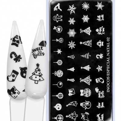 Carimbos de unhas com desenhos e texto natalícios em preto e branco