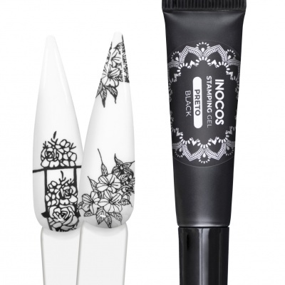 Gel para carimbos preto INOCOS com amostras de padrão floral em branco e preto