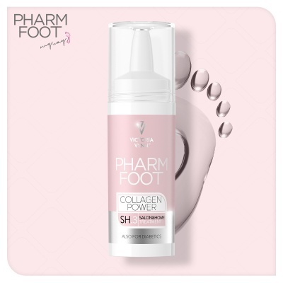 Produto PHARM FOOT Collagen Power em embalagem com rótulo rosa e branco, imagem de pegada e gotas