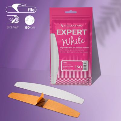 Embalagem rosa de limas para unhas Staleks Pro Expert White com três limas visíveis