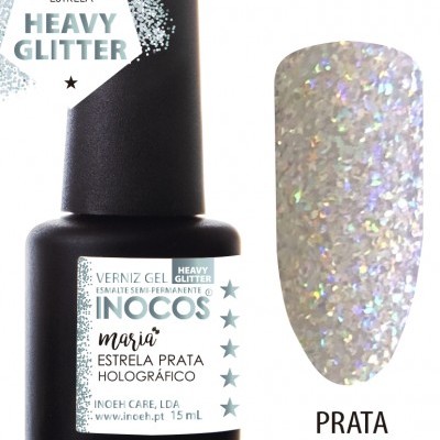Verniz gel INOCOS Estrela Prata Holográfico com amostra da cor prateada holográfica