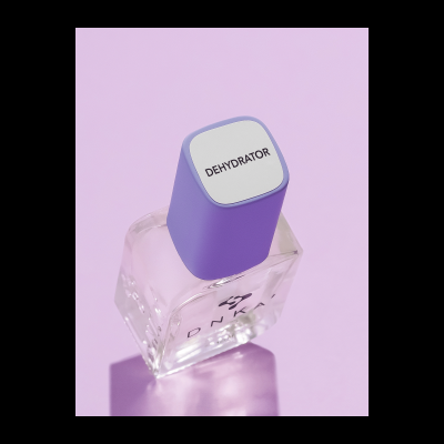 Frasco de vidro com tampa roxa e etiqueta com texto DEHYDRATOR
