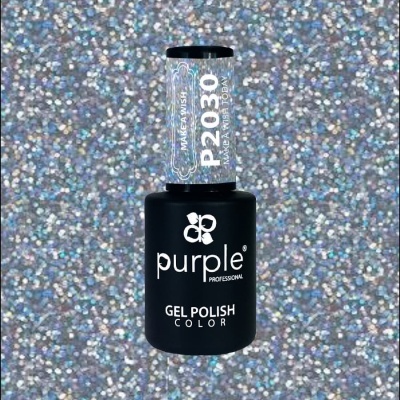 Verniz gel Purple Professional preto fosco com tampa prateada brilhante sobre fundo glitter prateado