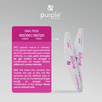 Duas lixas de unha roxas da Purple Professional com texto explicativo em português e inglês