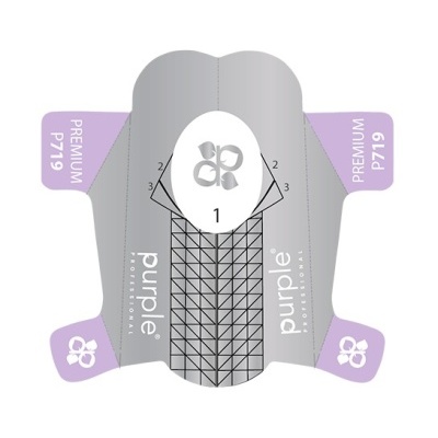 Molde para aplicação em unhas em cinza e lilás com texto e gráficos
