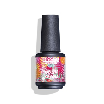 Frasco de verniz gel INOCO com tampa preta e rótulo decorado com padrões tropicais e texto.
