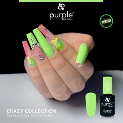 Unhas artificiais com esmalte verde néon e decoração colorida com pedras, frasco de esmalte gel purple professional CRAZY COLLECTION P2141