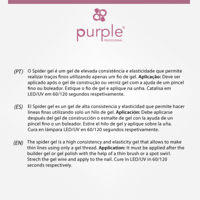 Descrição do Spider gel da Purple Professional com instruções em português, espanhol e inglês