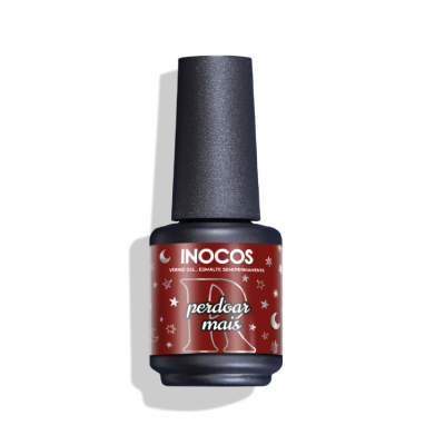 Frasco de verniz gel INOCOS vermelho com desenhos de estrelas e boneco de gengibre