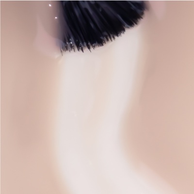 Detalhe de pincel de maquilhagem com cerdas pretas e corpo branco
